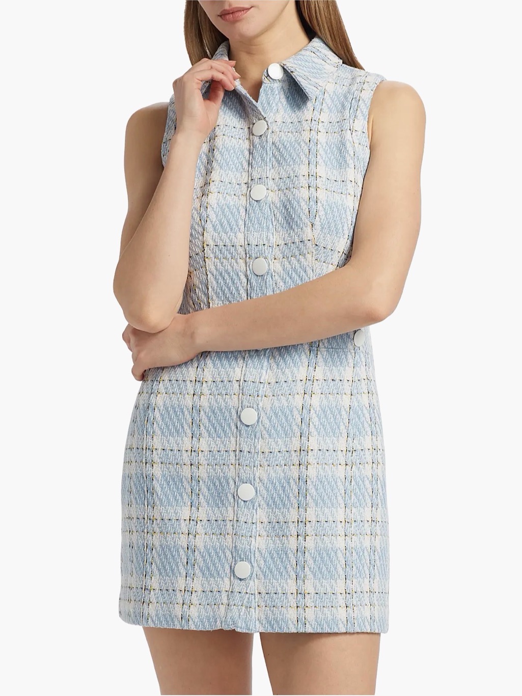 Toccin Sophia Light Blue Plaid Tweed Button Front Mini Dress Size 8